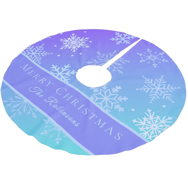 Moderne blaue Schneeflocken  Polyester Weihnachtsbaumdecke (Schrägansicht)