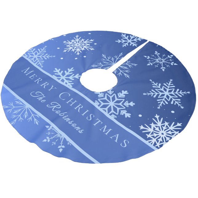 Moderne blaue Schneeflocken  Polyester Weihnachtsbaumdecke (Schrägansicht)