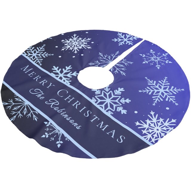 Moderne blaue Schneeflocken  Polyester Weihnachtsbaumdecke (Schrägansicht)