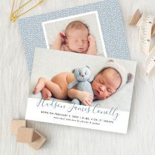 Moderne Blaue Schrift Baby Junge Foto Geburt Ankündigung