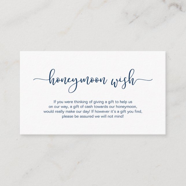 Moderne blaue Schrift, Hochzeitshoneymoon Wish Begleitkarte (Vorderseite)