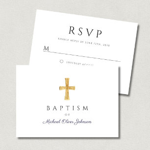 Moderne blaue Schrift Religiöse Boy Taufe RSVP Karte