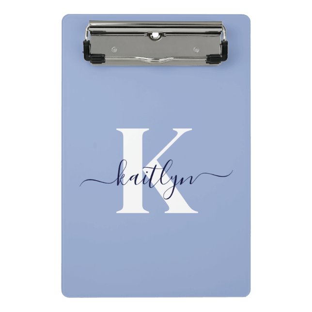 Moderne Blaue Script-Monogramm Mini Klemmbrett (Vorderseite)