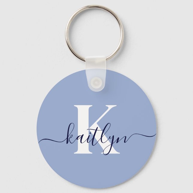 Moderne Blaue Script-Monogramm Schlüsselanhänger (Vorderseite)