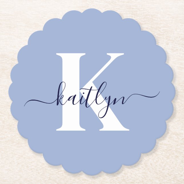 Moderne Blaue Script-Monogramm Untersetzer (Vorderseite)