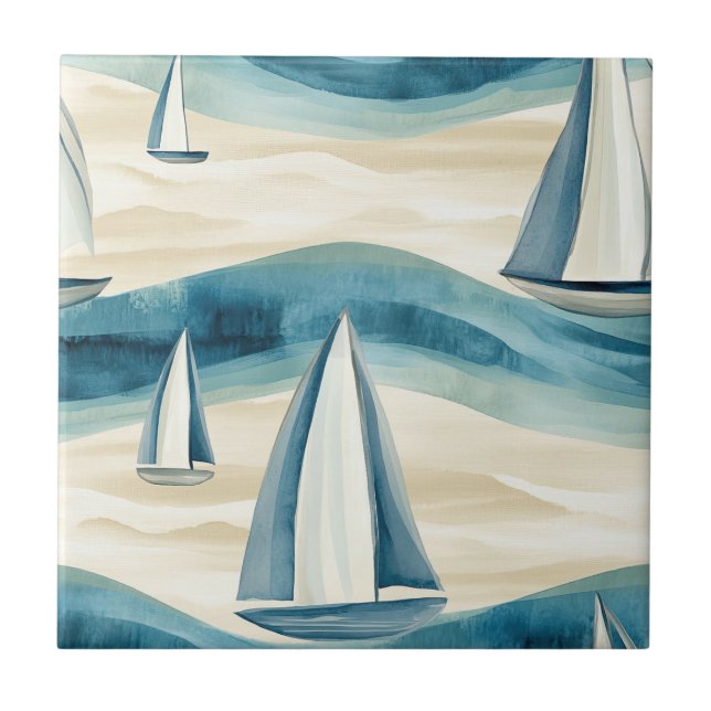 Moderne Blaue Segelboot-Ozeanwellen-Muster Fliese (Vorderseite)