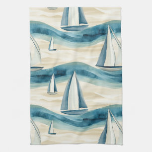 Moderne Blaue Segelboot-Ozeanwellen-Muster Geschirrtuch