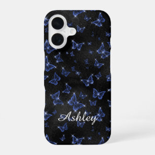 Moderne Blaue Silber-Schriftzug Schmetterlinge iPhone 16 Hülle