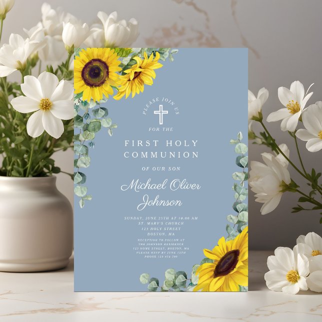 Moderne blaue Sonnenblumen Erste Heilige Kommune Einladung (Modern Blue Sunflowers First Holy Communion Invitation)