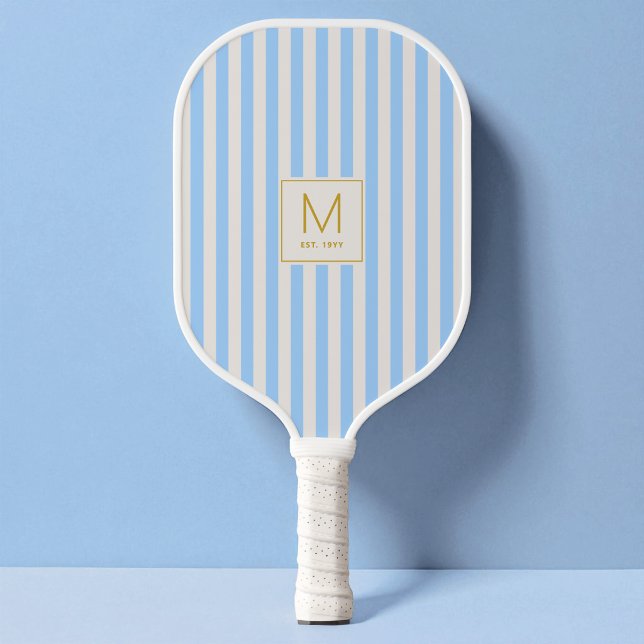 Moderne blaue Streifen Einfaches goldenes Initiale Pickleball Schläger (Modern Blue Stripes Simple Gold Initial Monogram Pickleball Paddle)