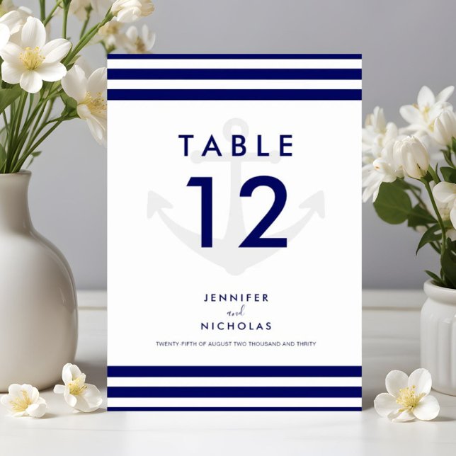 Moderne blaue Streifen Hochzeit für den Anker Tischnummer (Modern Nautical Anchor Blue Stripes Wedding Table Number)