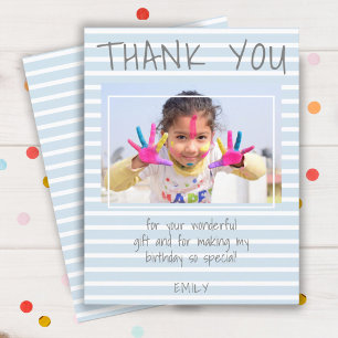 Moderne blaue Streifen Kinder Foto Geburtstag Dank