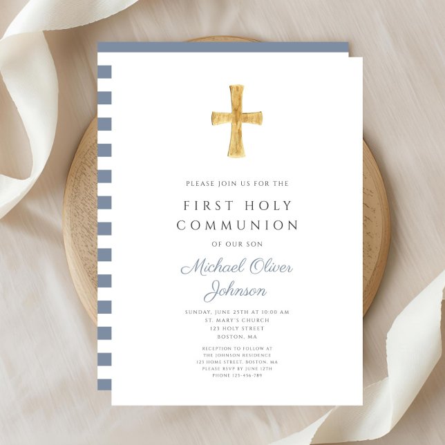Moderne blaue Streifen kreuzen junge Erste Kommune Einladung (Modern Blue Stripes Cross Boy First Communion Invitation )