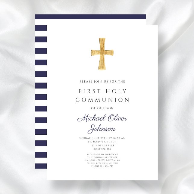 Moderne blaue Streifen kreuzen Junge Erste Kommune Einladung (Modern Navy Blue Stripes Cross Boy First Communion Invitation)