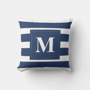 Moderne blaue Streifen mit Monogram-Kissen Kissen
