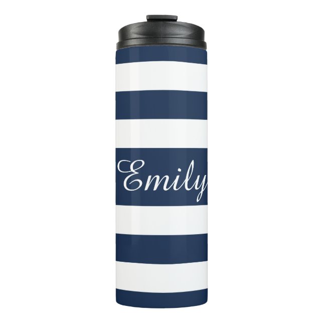 Moderne Blaue Streifen Schrift Thermosbecher (Vorderseite)