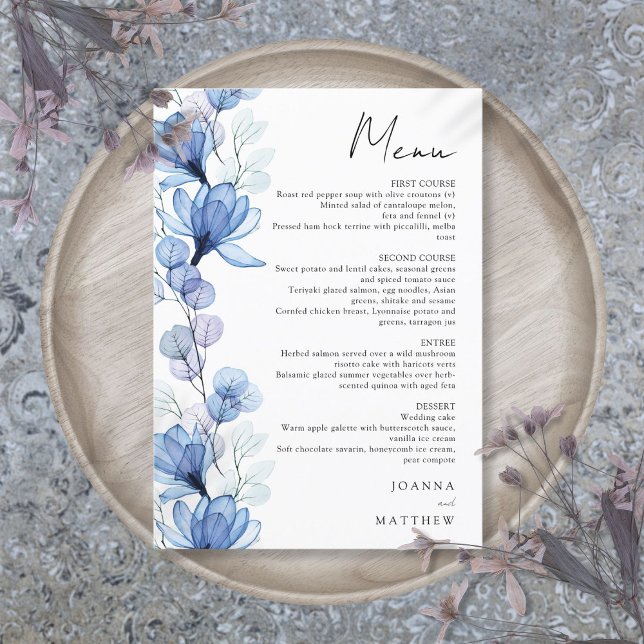 Moderne blaue, transparente Blumenhochzeit Menükarte (Modern Blue Transparent Floral Wedding Menu)