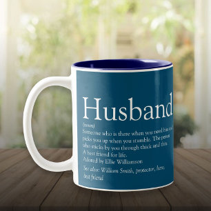 Moderne blaue typografische Definition des Ehemann Zweifarbige Tasse