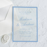 Moderne Blaue Umrandete Hochzeit - "Save the Date" Acryleinladungen<br><div class="desc">Verkünden Sie Ihren Hochzeitstermin mit frischer Eleganz mit dieser hellblauen Acryl-Save-the-Date-Karte mit Rand. Ein hellblauer Rahmen akzentuiert das Design auf einem klaren Acryl-Hintergrund und schafft einen luftigen und raffinierten Look. Die Namen des Paares werden in eleganter Kalligrafie präsentiert, ergänzt durch zeitlose Serifenschrift für Datum und Ort. Perfekt für Sommerhochzeiten, Strandfeiern,...</div>