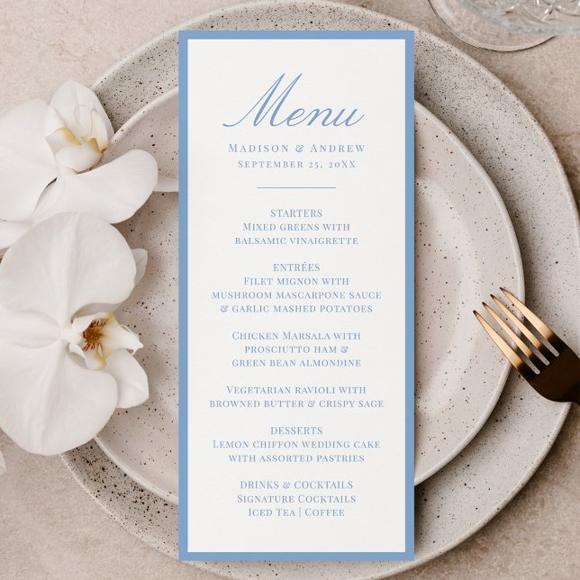 Moderne blaue Umrandung Hochzeit Menükarte (Von Creator hochgeladen)