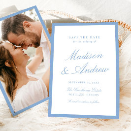 Moderne blaue Umrandung Hochzeitsfoto Save The Date