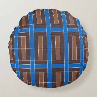 Moderne blaue und braune geometrische Karo-Muster Rundes Kissen