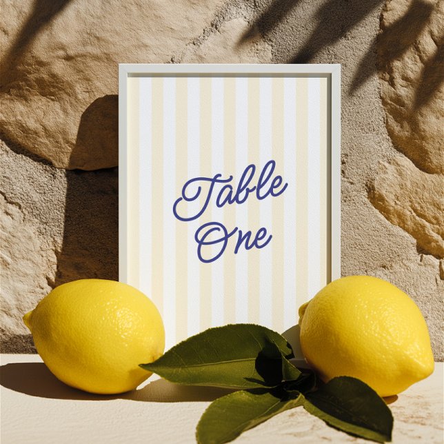 Moderne blaue und gelbe gestreifte Hochzeitstisch- Einladung (Modern Blue & Yellow Striped Wedding Table Number)