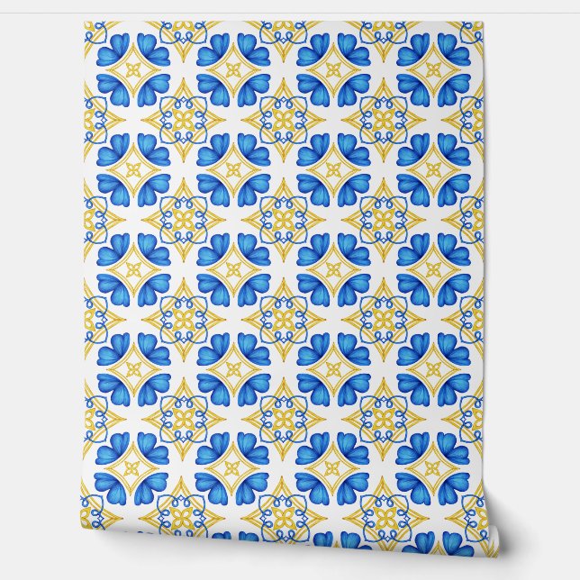 Moderne blaue und gelbe Wasserfarbe Abstrakt Tapete (Abrollen)