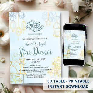 Moderne blaue und goldene florale Ramadan-Iftar-Di Einladung