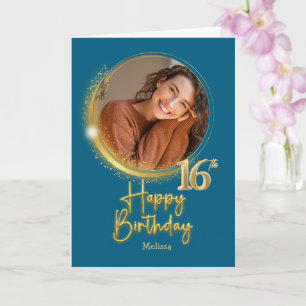 Moderne Blaue und Goldene Foto-Name 16. Geburtstag Karte