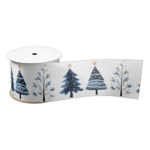 Moderne blaue und goldene frohe Weihnachtsbäume br Satinband