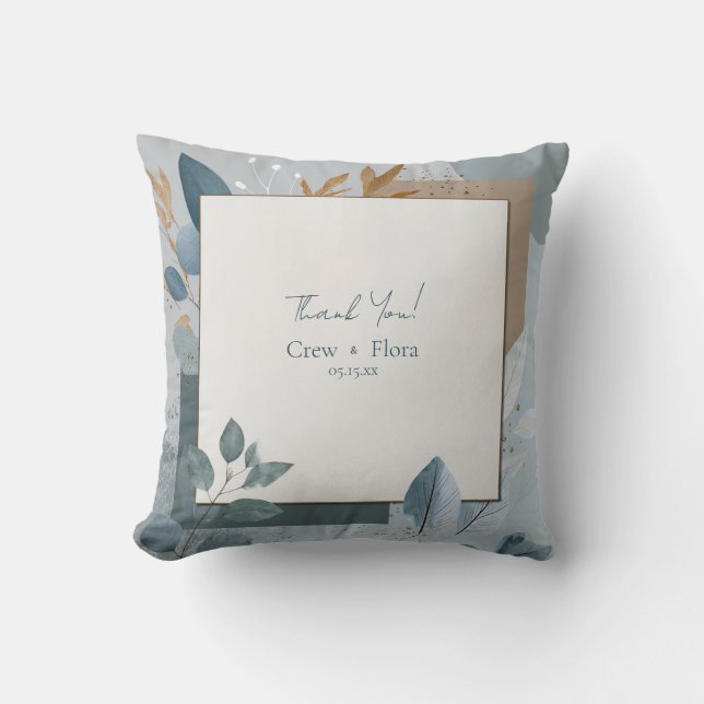 Moderne blaue und goldene geometrische botanische  kissen (Vorderseite)