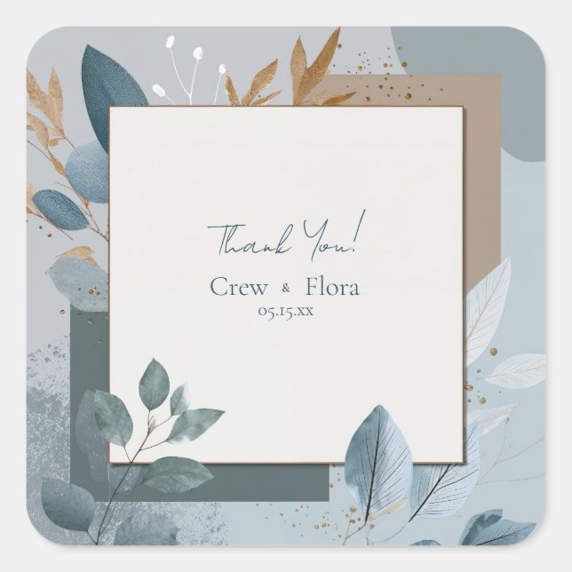 Moderne blaue und goldene geometrische botanische  quadratischer aufkleber (Vorderseite)