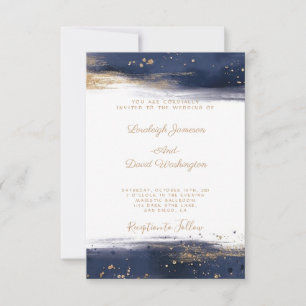 Moderne blaue und goldene Pinselstrich-Hochzeitsei Einladung