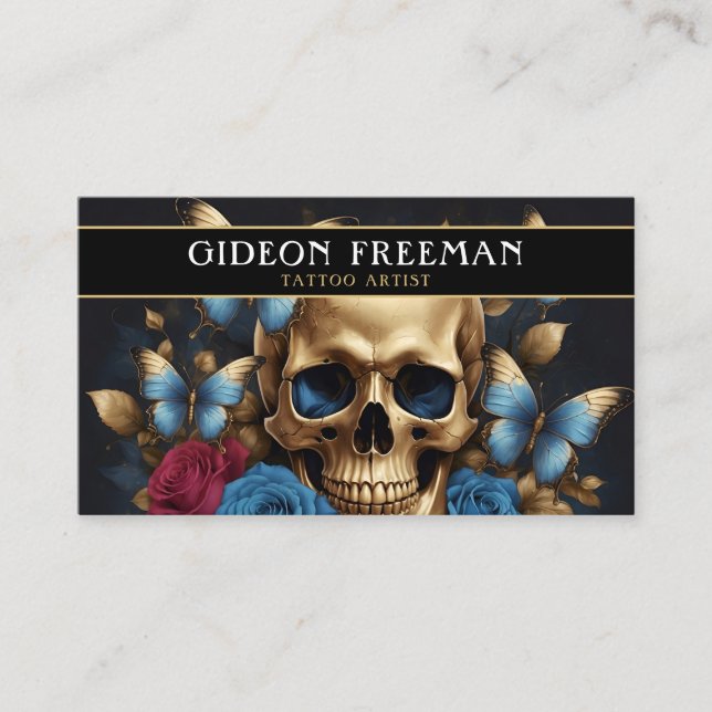 Moderne blaue und goldene Skull-Schmetterlinge Tat Visitenkarte (Vorderseite)