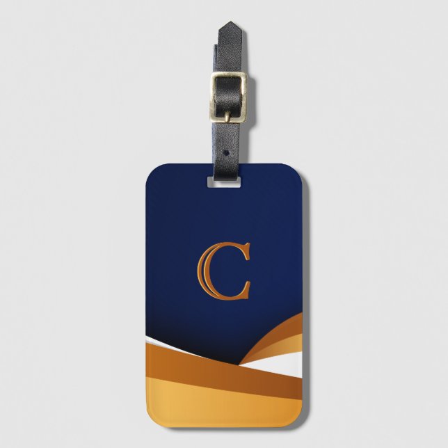 Moderne Blaue und Goldene Wellen-Monogramm-Design Gepäckanhänger (Vorderseite Vertikal)