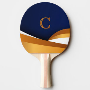 Moderne Blaue und Goldene Wellen-Monogramm-Design Tischtennis Schläger