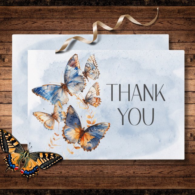 Moderne blaue und rostfarbene Schmetterlinge Hochz Dankeskarte (Modern Blue & Rust Watercolor Butterflies Wedding Thank You Card)