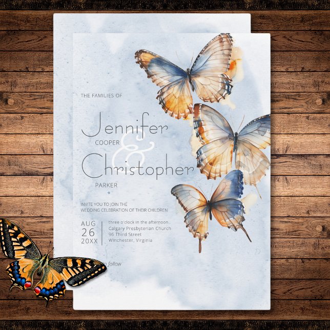 Moderne blaue und rostfarbene Schmetterlinge Hochz Einladung (Modern Blue & Rust Watercolor Butterflies Wedding Invitation)