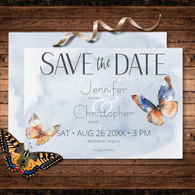 Moderne blaue und rostfarbene Schmetterlinge Hochz Save The Date (Modern Blue & Rust Watercolor Butterflies Wedding Save The Date)