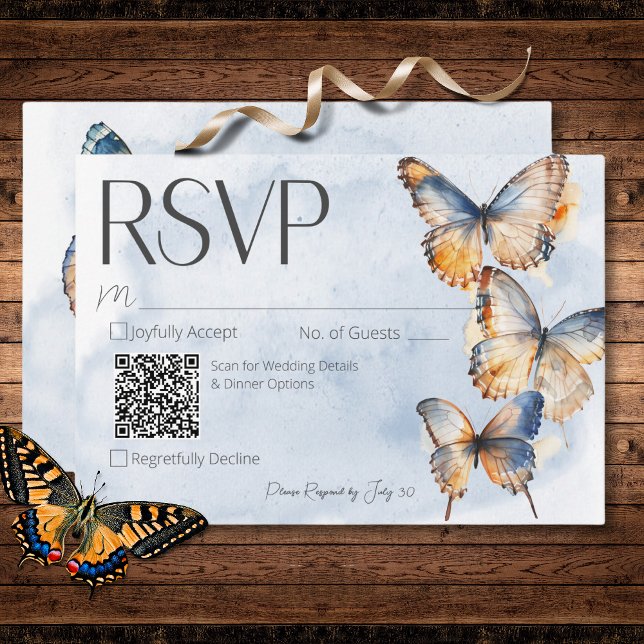 Moderne blaue und rostfarbene Schmetterlinge QR-Co RSVP Karte (Modern Blue & Rust Watercolor Butterflies QR Code RSVP Card)
