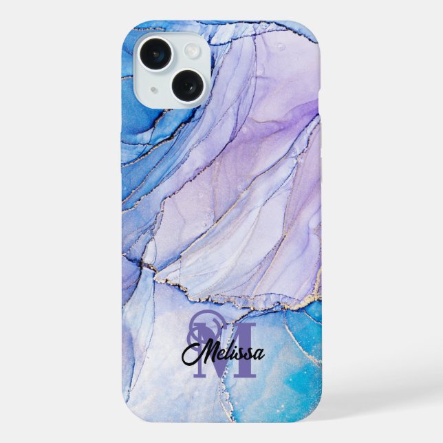Moderne blaue und violette marmorierte monogrammie iPhone hülle (Rückseite)