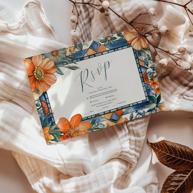 Moderne, blaue und weiße, blühende mediterrane Fli RSVP Karte (Von Creator hochgeladen)