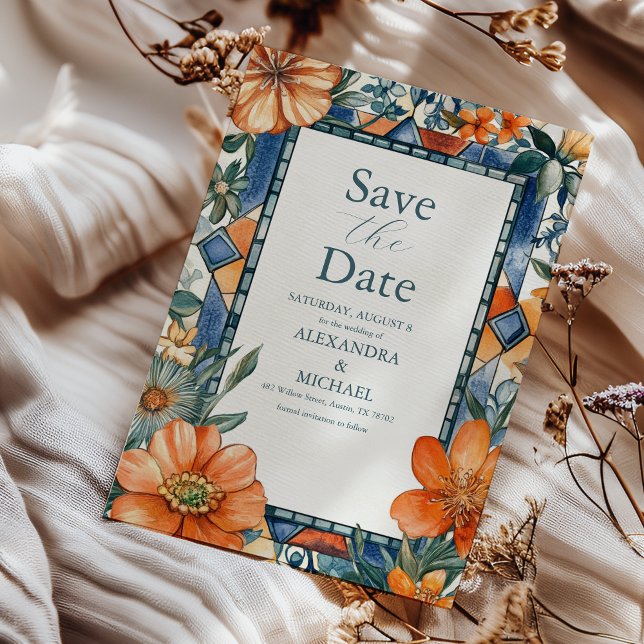 Moderne, blaue und weiße, blühende mediterrane Fli Save The Date (Von Creator hochgeladen)