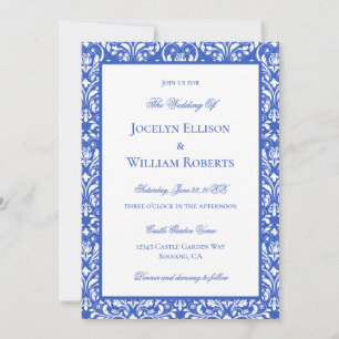 Moderne Blaue und Weiße Damast-Hochzeit Einladung