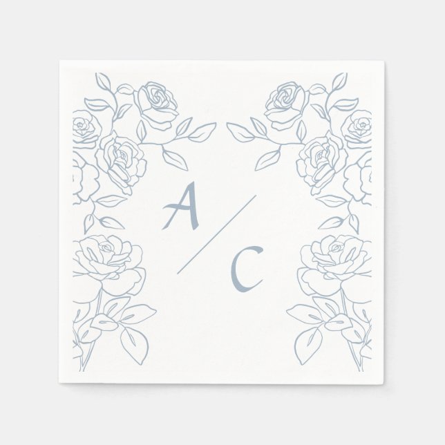 Moderne Blaue und Weiße Französische Rosen Hochzei Serviette (Vorderseite)