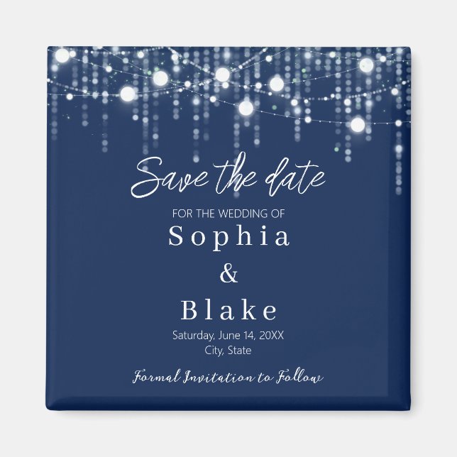 Moderne blaue und weiße Hangleuchten Save the Date Magnet (Vorne)