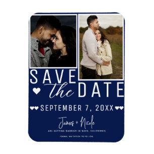 Moderne Blaue und Weiße "Save the Date" 2-Foto-Hoc Magnet