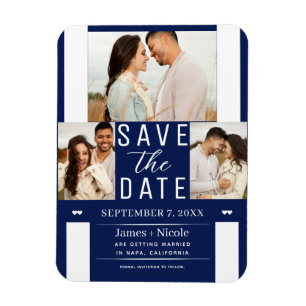Moderne Blaue und Weiße Save-the-Date-Hochzeit mit Magnet