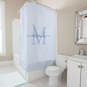 Moderne blaue und weiße Streifen mit Monogramm-Nam Duschvorhang